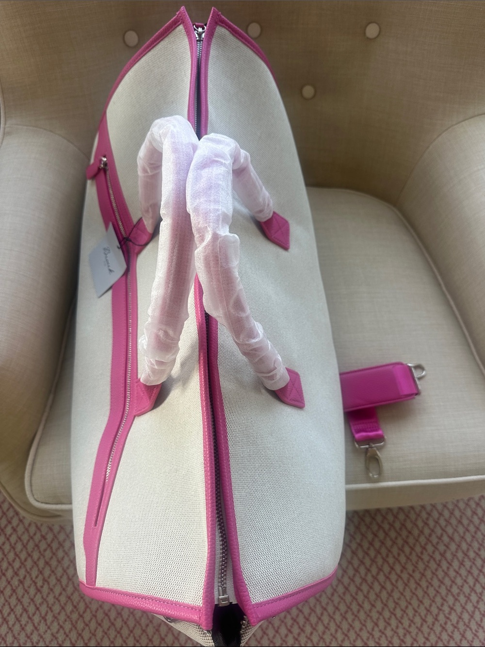 Versatile Cream Garment  and Travel Bag with Pink Trim and zipper pockets